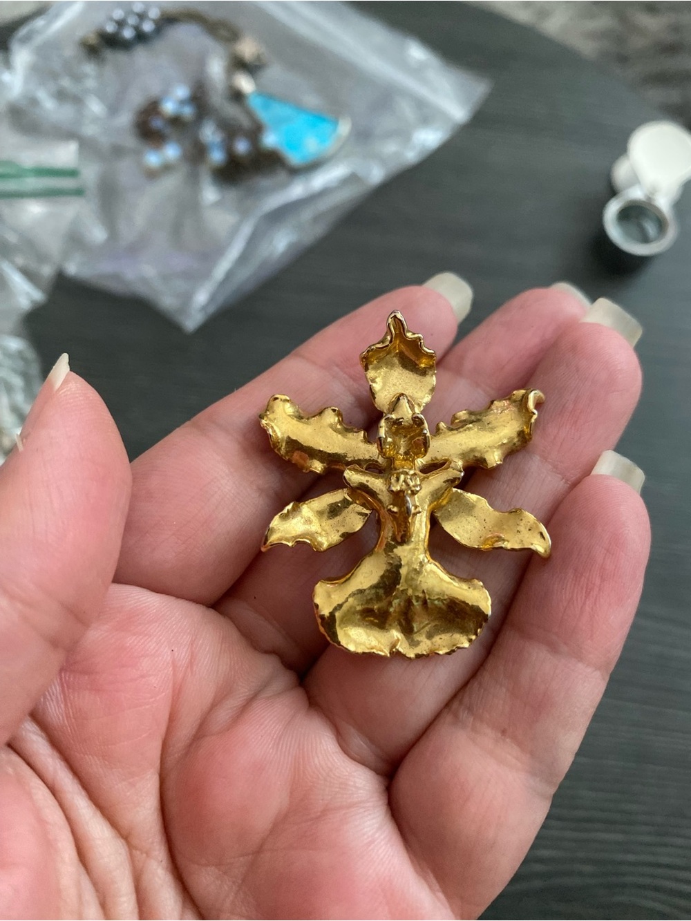 Gold Floral Orchid Brooch Pin  and pendant gold plated